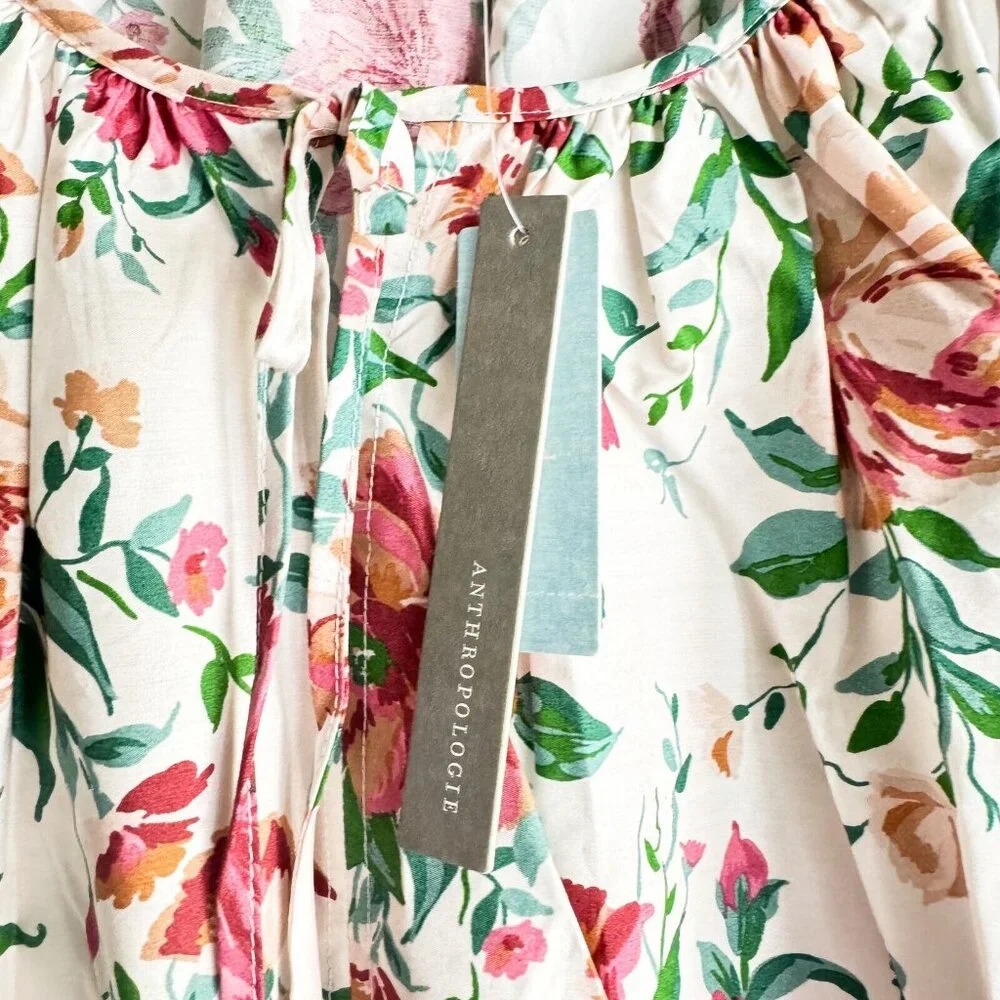 Anthropologie White Floral Puff-Sleeve Maxi Dress with Pink & Green Print - Picture 7 of 8